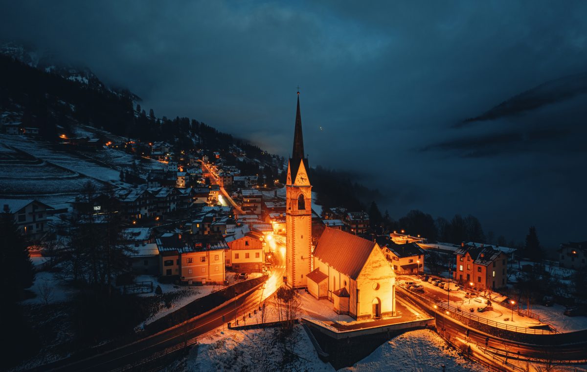 Aerial drone view of the San Lorenzo Church illuminated at night