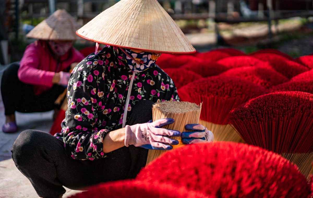 Closeup shot of an aroma stick factory near Hanoi in Vietnam