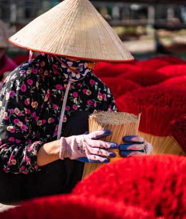 Closeup shot of an aroma stick factory near Hanoi in Vietnam