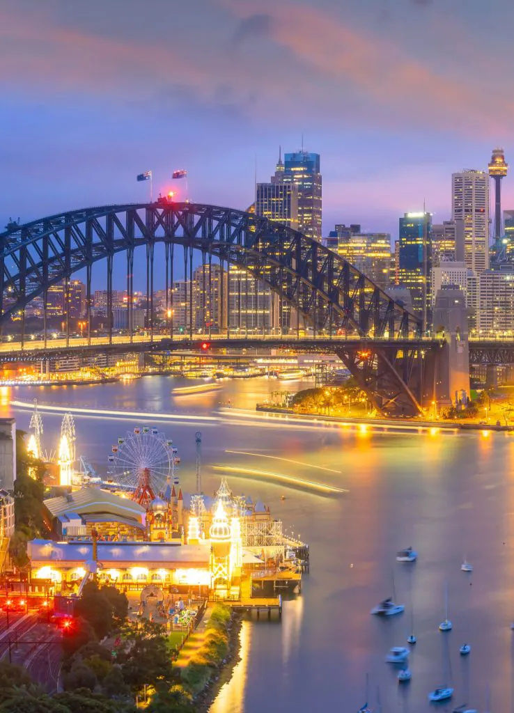 Downtown Sydney skyline in Australia from top view at sunset