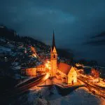 Aerial drone view of the San Lorenzo Church illuminated at night