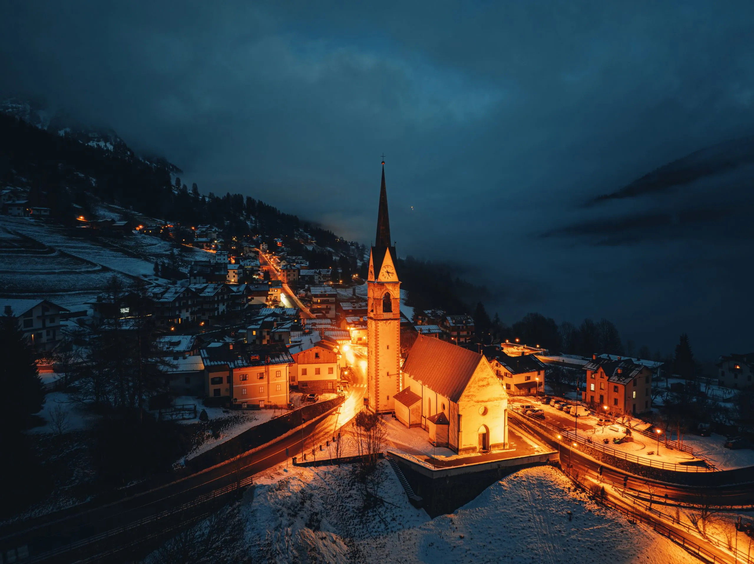 Aerial drone view of the San Lorenzo Church illuminated at night