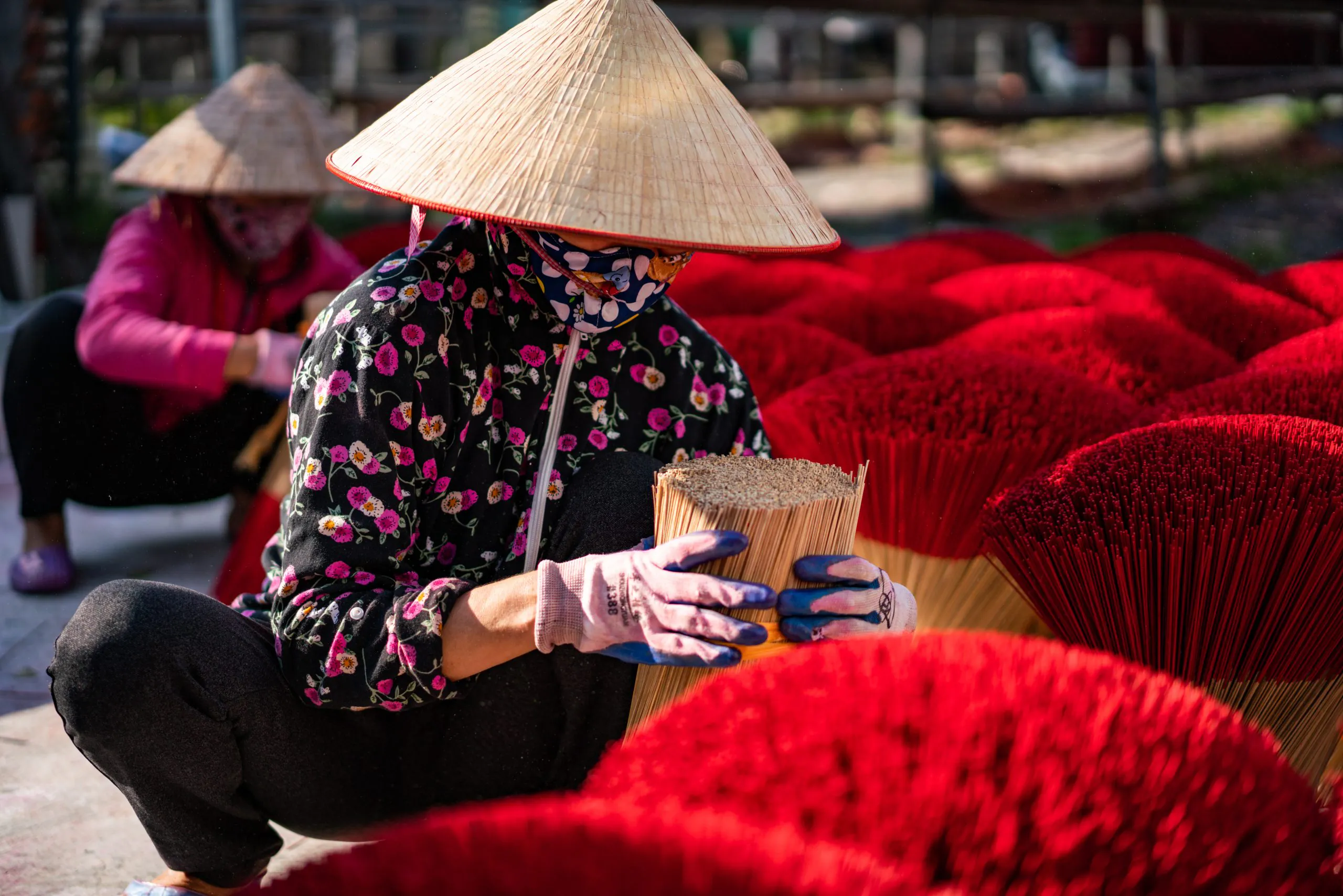 Closeup shot of an aroma stick factory near Hanoi in Vietnam